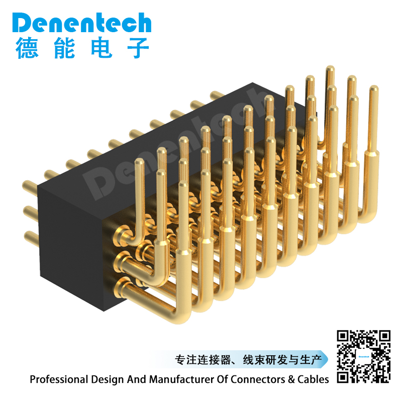 Denentech hot selling 1.27MM pogo pin H4.0MM triple row male right angle pin pogo oro